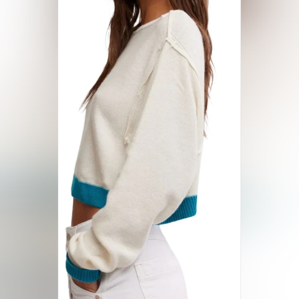 Free People Cream Cropped Sweater with Teal Trim - Picture 3 of 16
